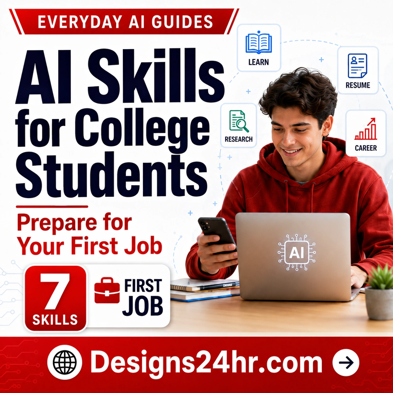 College student using AI tools on a laptop to build research, resume, interview, and first-job readiness skills