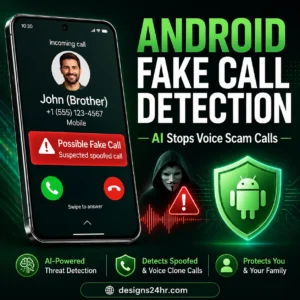 1:1 thumbnail showing Android fake call detection with a phone warning for a suspected spoofed call, AI voice scam alert, Android security shield, and family protection theme.