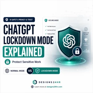 1:1 thumbnail showing ChatGPT Lockdown Mode explained with a clean security shield, lock icon, secure mode panel, and normal mode versus lockdown mode privacy comparison.
