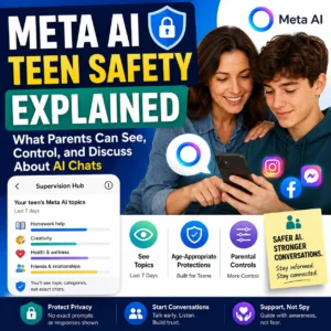 1:1 thumbnail showing Meta AI teen safety explained with a parent and teen reviewing AI topic categories, parental controls, privacy protection, and safer AI chat guidance.