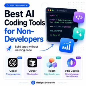 Infographic comparing the best AI coding tools for non-developers, including Codex, Cursor, Replit, and vibe coding for building apps without learning code.