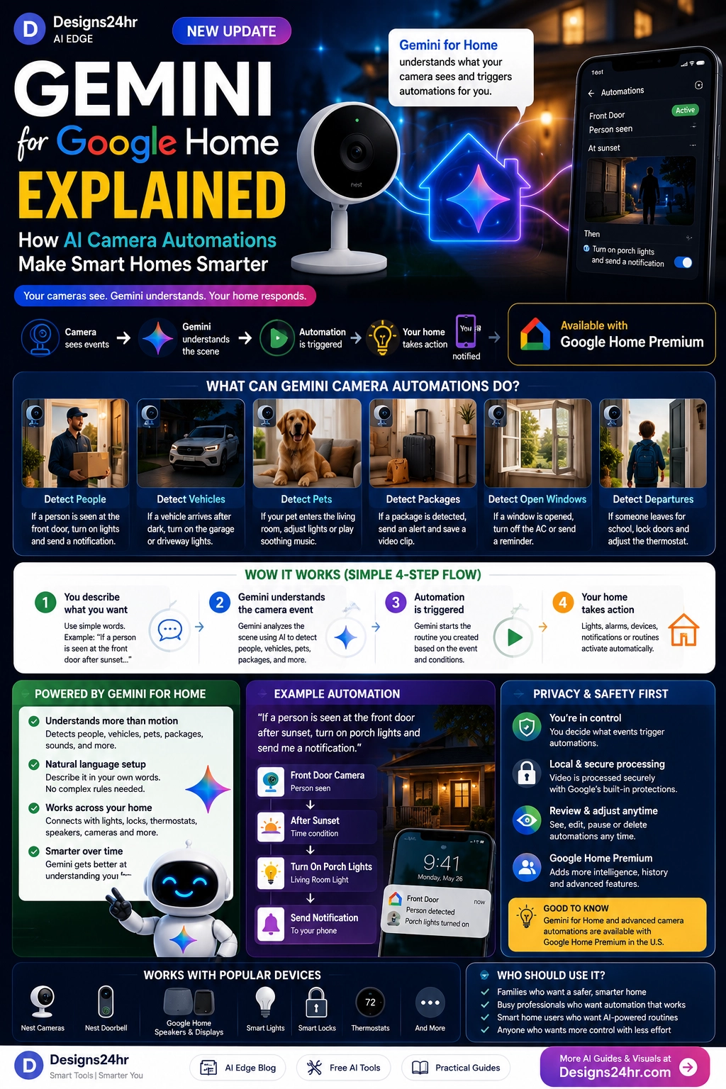 Vertical infographic titled “Gemini for Google Home Explained,” showing a smart home night scene with a Nest-style camera, Gemini AI glow, automation flow, phone automation screen, home devices, and callouts for detecting people, vehicles, pets, packages, open windows, and departures, plus privacy and safety reminders with a designs24hr.com CTA.