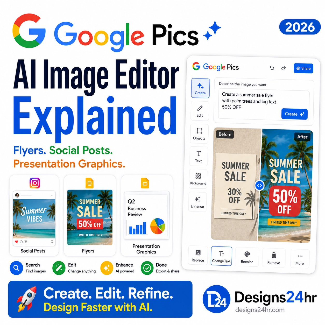 1:1 thumbnail showing Google Pics AI Image Editor explained with a clean Google-style editing interface, flyer before-and-after preview, social post and presentation graphic examples, and create-edit-refine workflow.