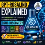 1:1 thumbnail showing GPT-Rosalind explained with a glowing science lab flask, DNA strand, molecule graphics, drug discovery workflow icons, and OpenAI life sciences AI theme.