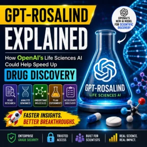 1:1 thumbnail showing GPT-Rosalind explained with a glowing science lab flask, DNA strand, molecule graphics, drug discovery workflow icons, and OpenAI life sciences AI theme.