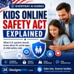 Kids Online Safety Act explained for U.S. parents with child safety shield, AI chatbot icon, social media rules, age check, and privacy lock