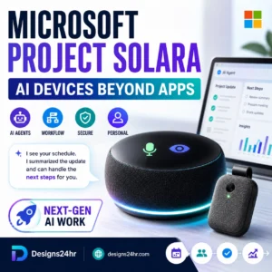 1:1 thumbnail showing Microsoft Project Solara explained with AI agent devices beyond apps, a desk assistant device, wearable badge, workflow icons, laptop dashboard, and next-gen AI work theme.