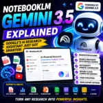 NotebookLM Gemini 3.5 thumbnail showing Google’s AI research assistant with source files, charts, export formats, and a futuristic AI interface for smarter research.