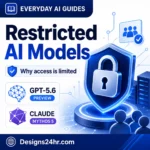 Square thumbnail showing restricted AI models with a glowing lock, trusted access icons, GPT-5.6 preview, Claude Mythos 5, and Designs24hr Everyday AI Guides branding.