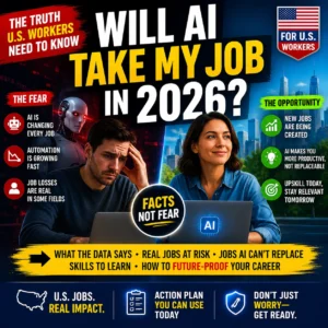 Will AI take my job in 2026 thumbnail for U.S. workers showing job fear versus AI career opportunity with a facts not fear message