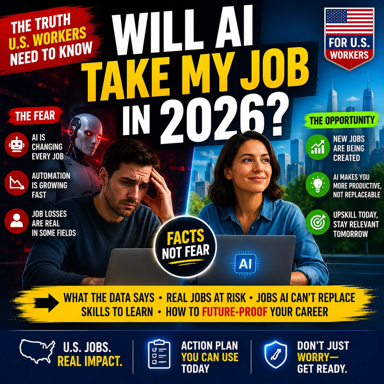 Will AI take my job in 2026 thumbnail for U.S. workers showing job fear versus AI career opportunity with a facts not fear message