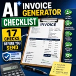 AI invoice generator checklist showing an invoice, calculator, payment details, privacy shield and 17 checks before sending
