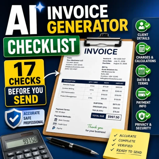 AI invoice generator checklist showing an invoice, calculator, payment details, privacy shield and 17 checks before sending