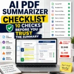 AI PDF summarizer checklist showing a digital document, page references, verified numbers, table review, privacy control, and summary accuracy checks