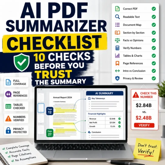 AI PDF summarizer checklist showing a digital document, page references, verified numbers, table review, privacy control, and summary accuracy checks