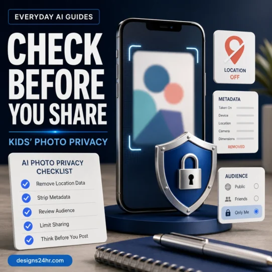 AI photo privacy checklist for parents with a smartphone, privacy shield, location control and child photo-sharing safety checks