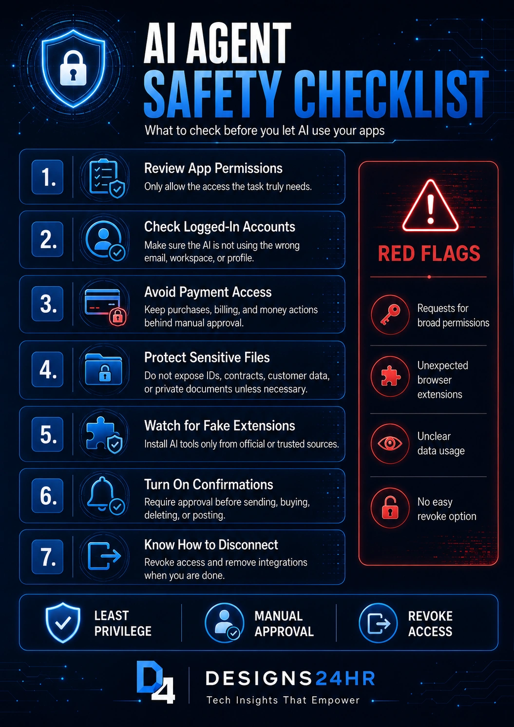 AI agent safety checklist thumbnail showing a secure dashboard with app permission toggles, connected apps, shield lock icon, privacy warning, and safety checklist before connecting AI to apps.