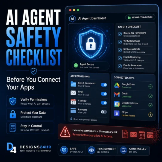 AI agent safety checklist thumbnail showing a secure dashboard with app permission toggles, connected apps, shield lock icon, privacy warning, and safety checklist before connecting AI to apps.