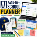 AI back-to-school routine planner thumbnail showing a laptop checklist, school supplies, lunch plan, calendar, and morning routine schedule.
