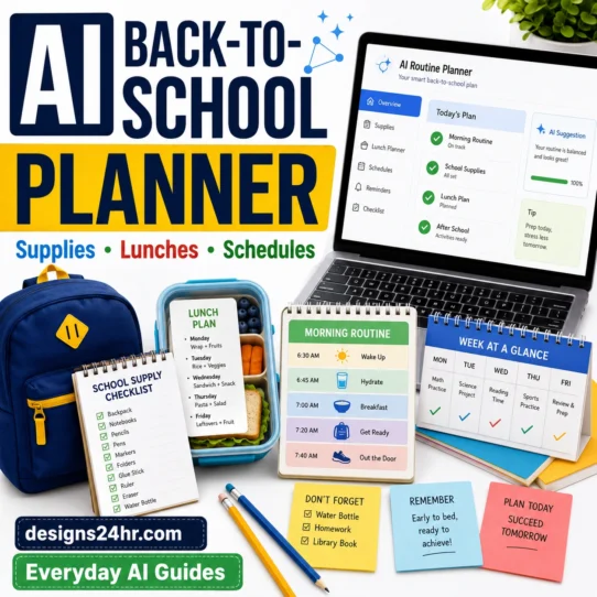 AI back-to-school routine planner thumbnail showing a laptop checklist, school supplies, lunch plan, calendar, and morning routine schedule.