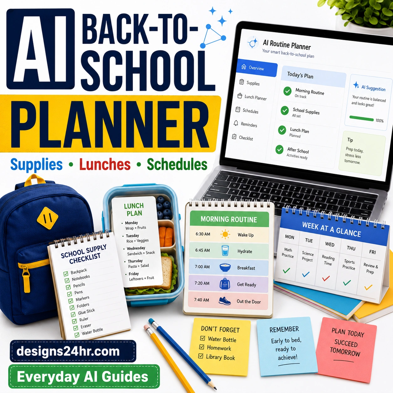 AI back-to-school routine planner thumbnail showing a laptop checklist, school supplies, lunch plan, calendar, and morning routine schedule.