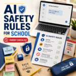 AI safety rules for school thumbnail showing a laptop with an AI chat assistant, a parent checklist, privacy shield, lock icon, notebooks, and back-to-school supplies.