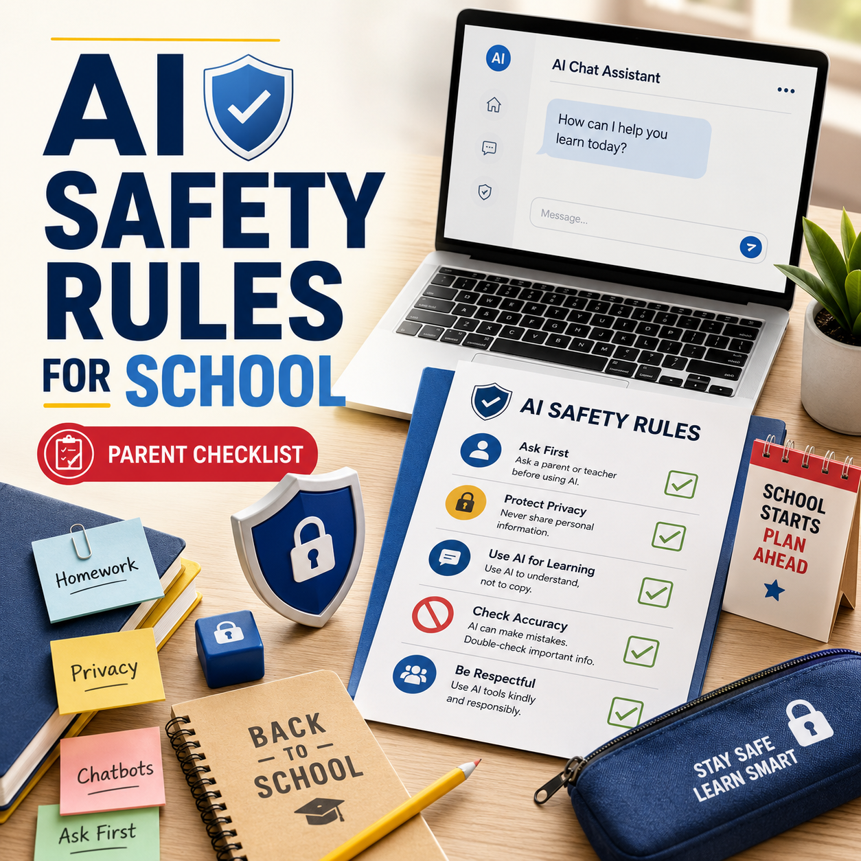 AI safety rules for school thumbnail showing a laptop with an AI chat assistant, a parent checklist, privacy shield, lock icon, notebooks, and back-to-school supplies.