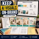 AI brand style guide workspace with a color palette, typography samples, layout grid, matching image cards, prompt notes, and consistency checks.