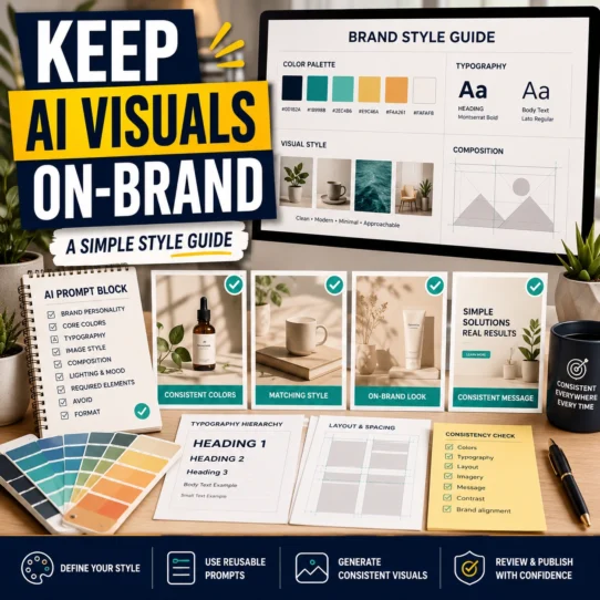 AI brand style guide workspace with a color palette, typography samples, layout grid, matching image cards, prompt notes, and consistency checks.