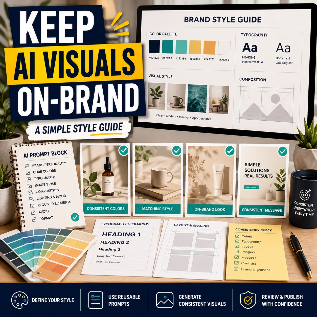 AI brand style guide workspace with a color palette, typography samples, layout grid, matching image cards, prompt notes, and consistency checks.