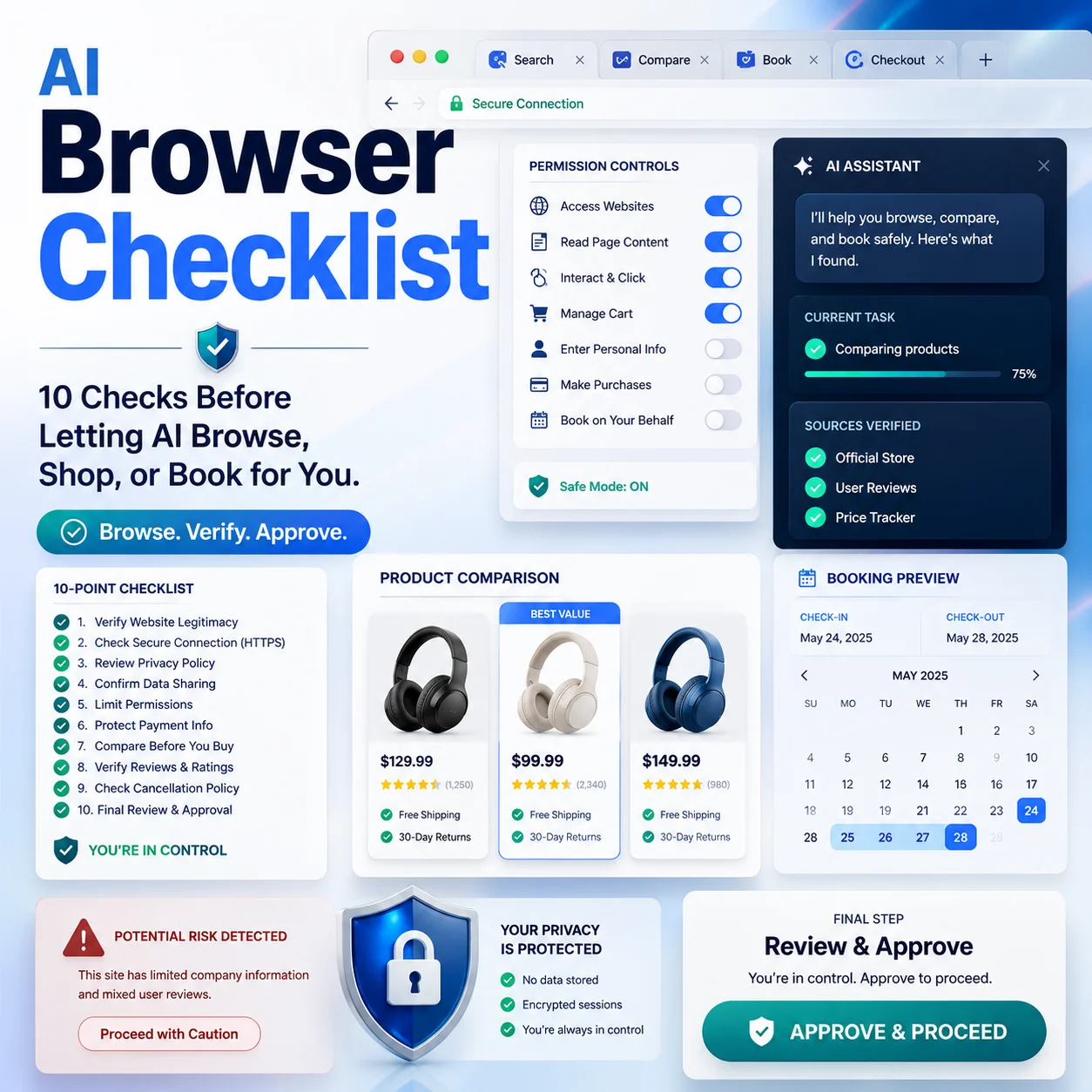 AI browser checklist showing webpage tabs, permission controls, shopping comparison cards, booking details, privacy shield, and final approval button.