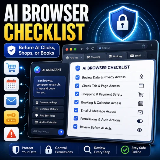 AI browser checklist thumbnail showing a secure browser dashboard with permission toggles, shopping, booking, email, lock shield, and safety checklist icons.