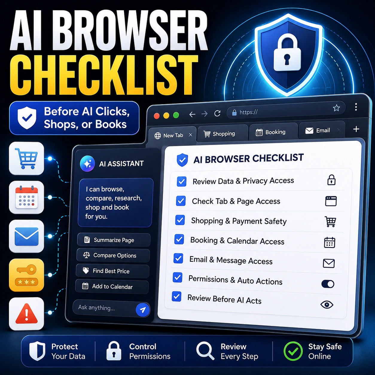 AI browser checklist thumbnail showing a secure browser dashboard with permission toggles, shopping, booking, email, lock shield, and safety checklist icons.
