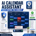 AI calendar assistant checklist showing scheduling conflicts, time-zone settings, calendar permissions, privacy controls, and approval checks.