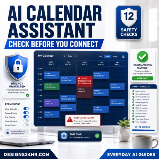 AI calendar assistant checklist showing scheduling conflicts, time-zone settings, calendar permissions, privacy controls, and approval checks.