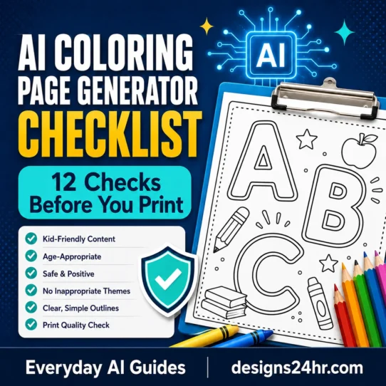 AI coloring page generator checklist with 12 safety, quality, privacy, copyright, and printing checks for parents and teachers