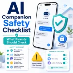 AI companion safety checklist thumbnail showing a smartphone with chatbot messages, shield checkmark, privacy lock, and parent safety checklist for kids using AI chatbots.
