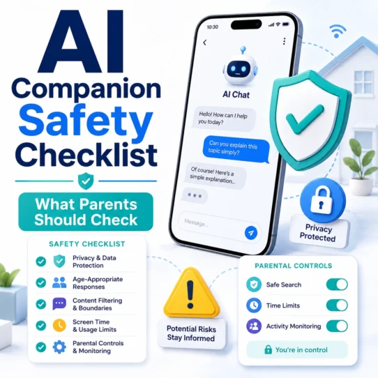 AI companion safety checklist thumbnail showing a smartphone with chatbot messages, shield checkmark, privacy lock, and parent safety checklist for kids using AI chatbots.