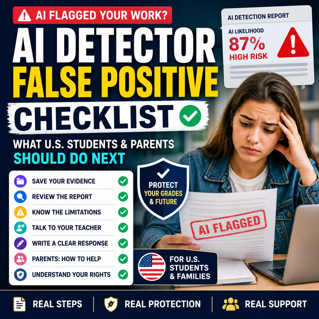 AI detector false positive checklist thumbnail showing a worried student reviewing an AI detection report and flagged schoolwork with steps to save evidence, review the report, and respond calmly.