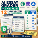 AI essay grader checklist showing a teacher rubric, AI score comparison, feedback checks, fairness review, privacy protection, and final human approval.