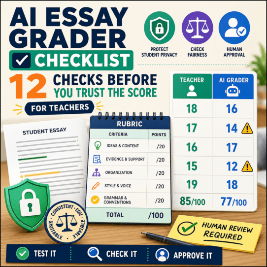 AI essay grader checklist showing a teacher rubric, AI score comparison, feedback checks, fairness review, privacy protection, and final human approval.