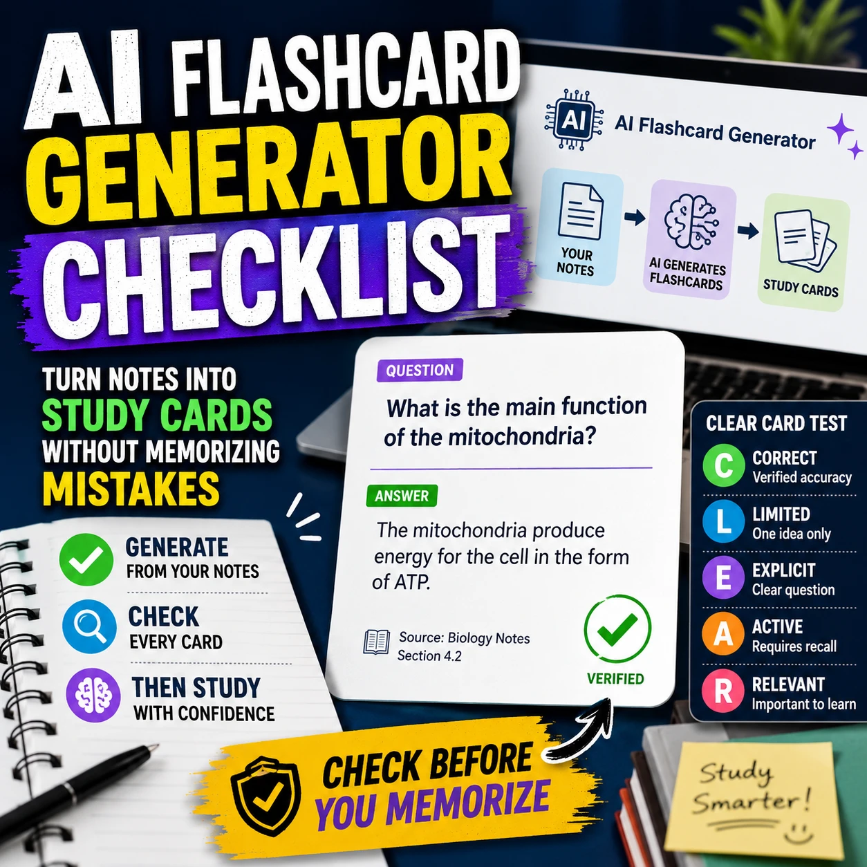 AI flashcard generator checklist showing class notes becoming verified study cards with accuracy checks and active recall