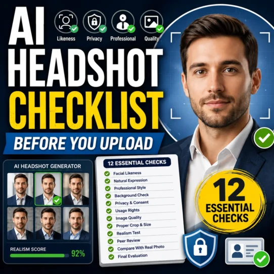 AI headshot generator checklist showing facial likeness, privacy, professional appearance and image-quality checks