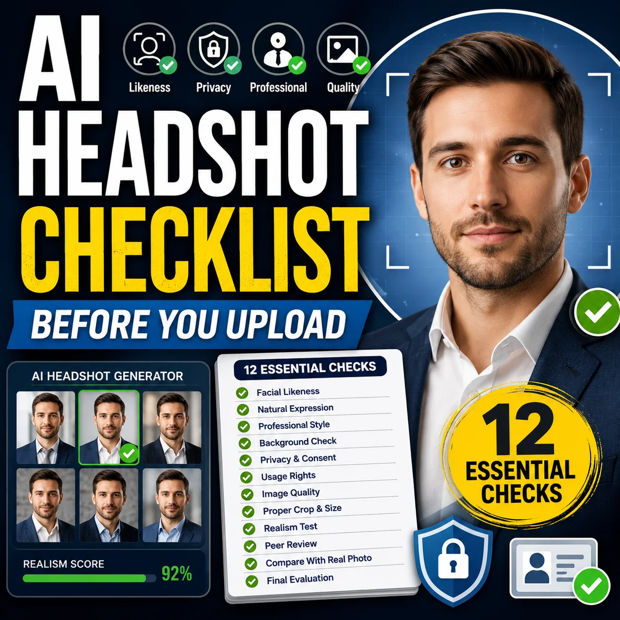 AI headshot generator checklist showing facial likeness, privacy, professional appearance and image-quality checks