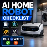AI home robot checklist thumbnail showing a smart home chore robot with privacy, price, safety, and buy-or-wait icons