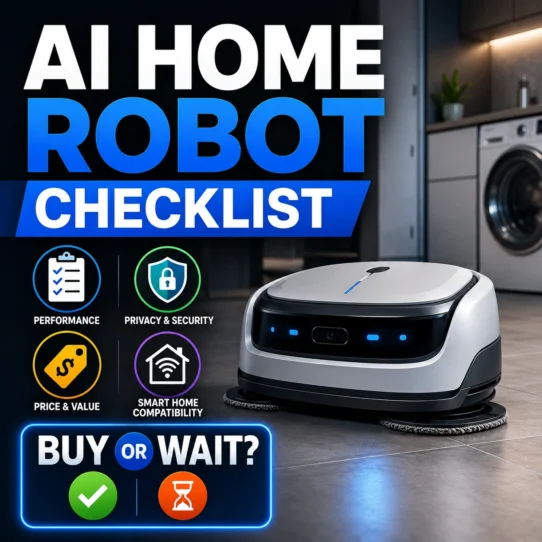 AI home robot checklist thumbnail showing a smart home chore robot with privacy, price, safety, and buy-or-wait icons