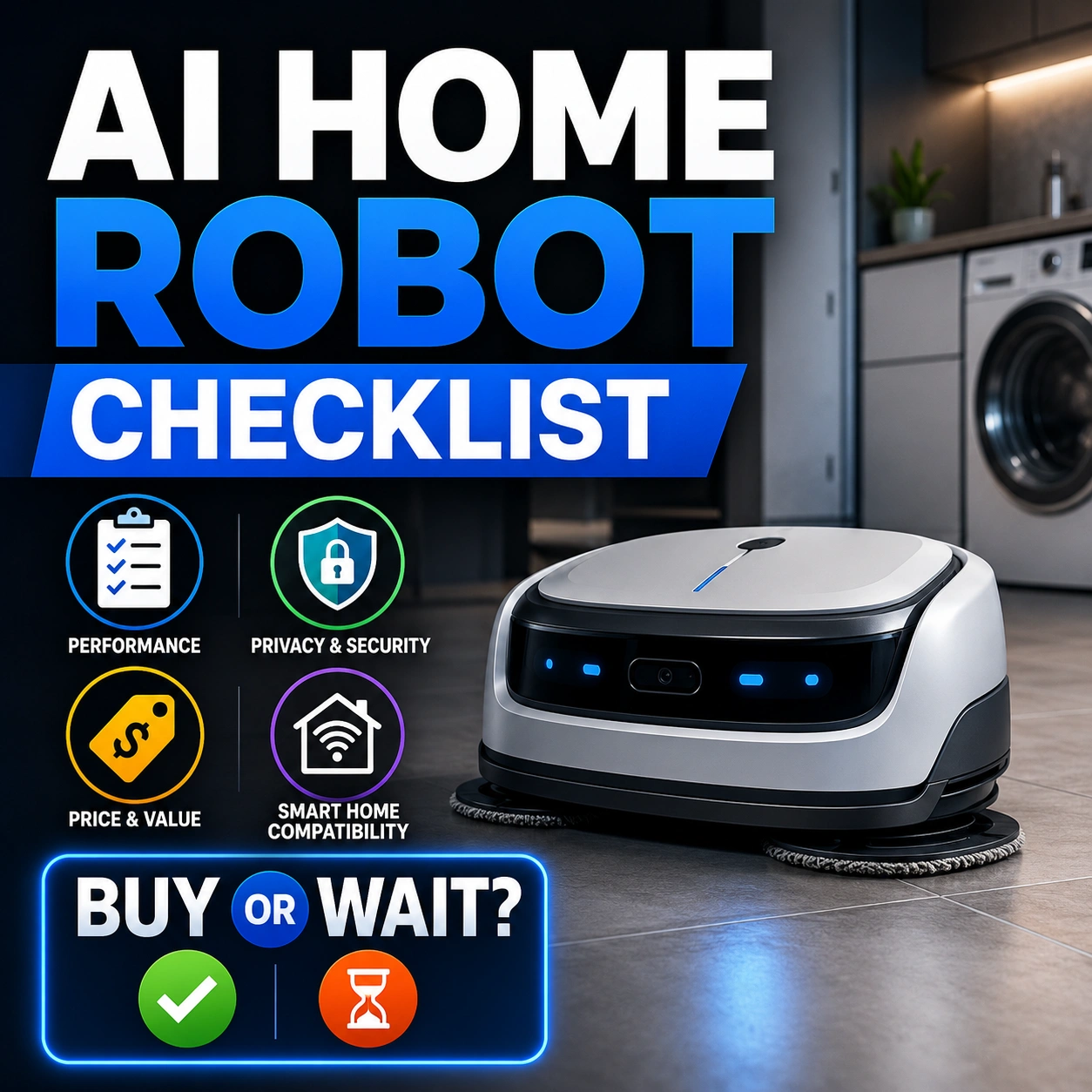 AI home robot checklist thumbnail showing a smart home chore robot with privacy, price, safety, and buy-or-wait icons