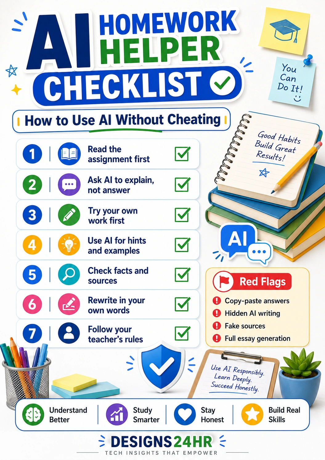 Vertical AI homework helper checklist infographic showing seven responsible AI study steps: read the assignment first, ask AI to explain not answer, try your own work, use AI for hints, check facts, rewrite in your own words, and follow teacher rules.