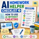 Light-themed AI homework helper checklist thumbnail showing notebooks, checklist cards, AI chat bubble, study tools, shield icon, and warning text about using AI without cheating.