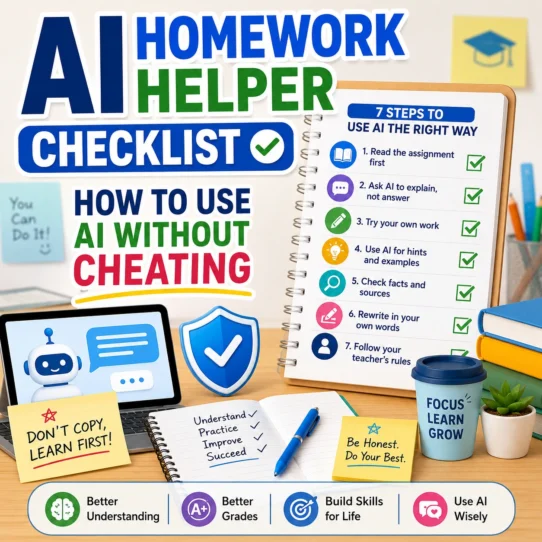 Light-themed AI homework helper checklist thumbnail showing notebooks, checklist cards, AI chat bubble, study tools, shield icon, and warning text about using AI without cheating.